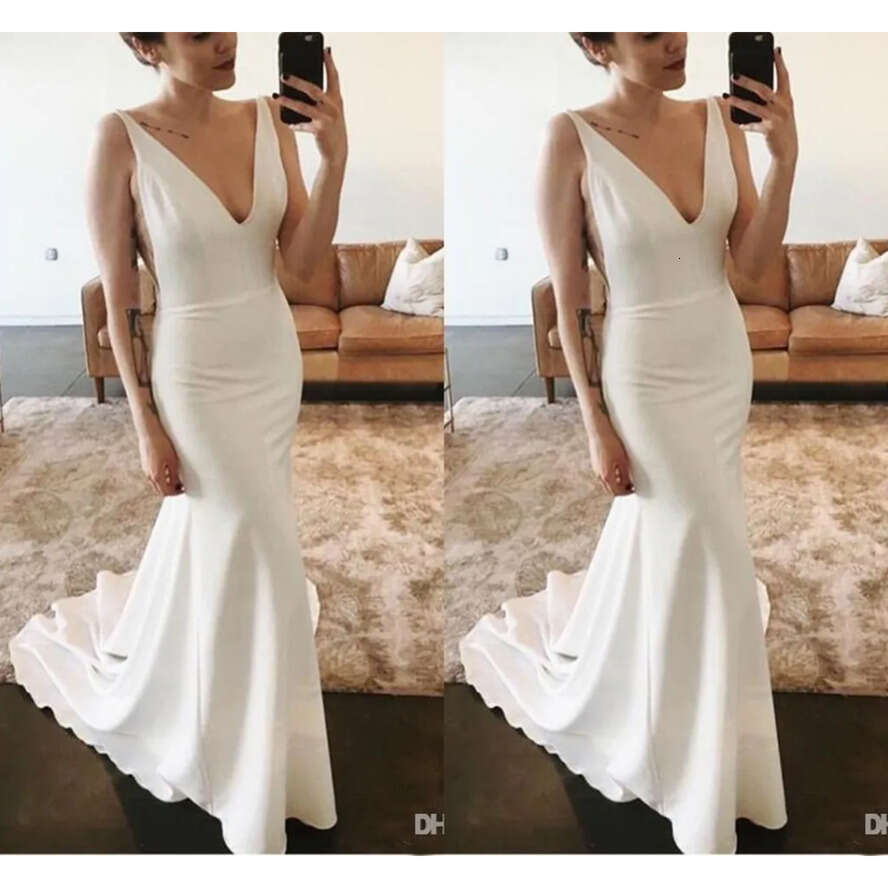 Sexy Simple Cheap Beach Mermaid Dresses Deep V Neck Backless Sweep Train Satin Wedding Dress Bridal Gowns Vestidos De Novia Estidos estidos
