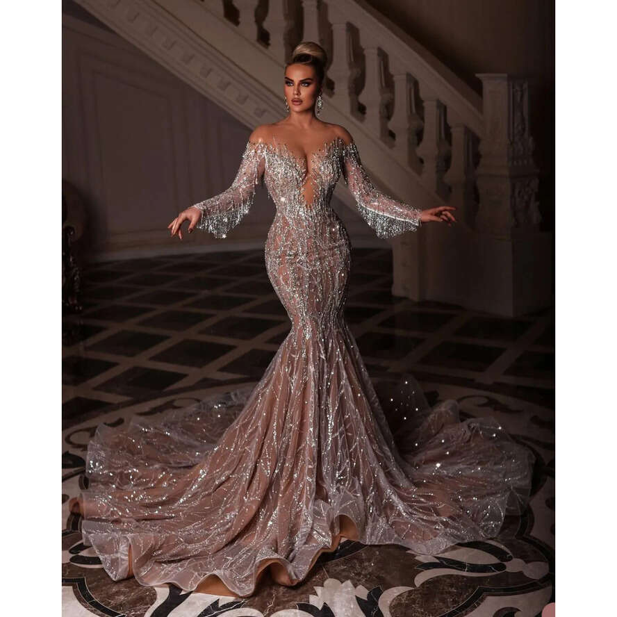 Wedding Sexy Dress Mermaid With Long Sleeve V Neck Strpapless Lace Illusion Bodice Organza Formal Ocn Custom Made Tulle Or Length