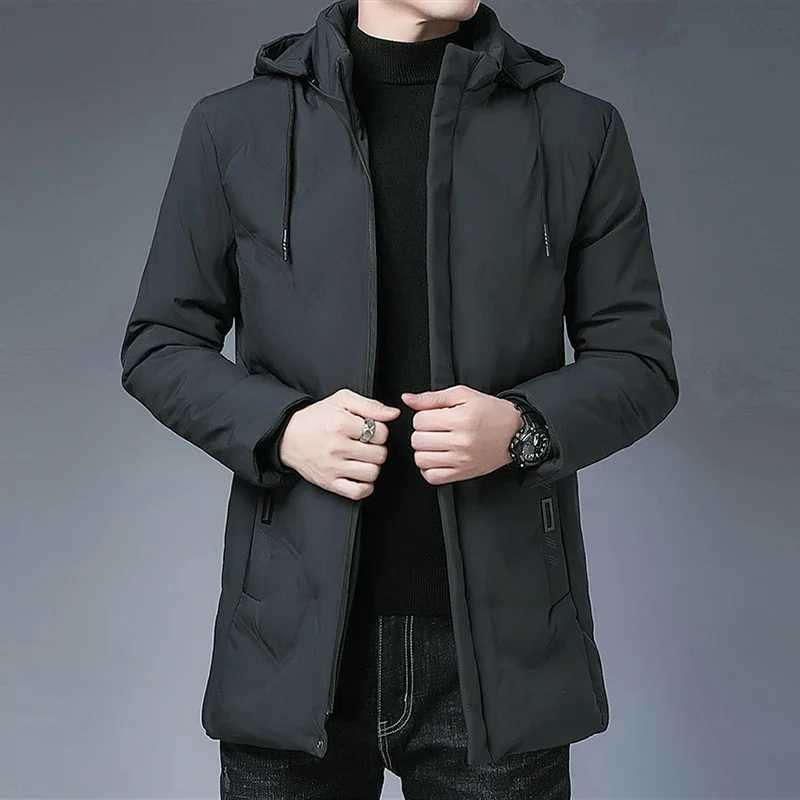 Fashion Men Long Parkas Coat Solid Slim Fit Warm Thicken Jacket Outwear Windproof Coat Hooded Cotton-padded Zipper Windbreaker LX241018