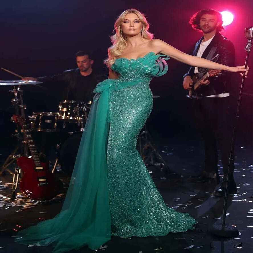 Evening Sparkly Dresses Sequins With Slit Strapless Beaded Mermaid Celebrity Dress 2023 Pleat Side Train Vestidos De Novia 326