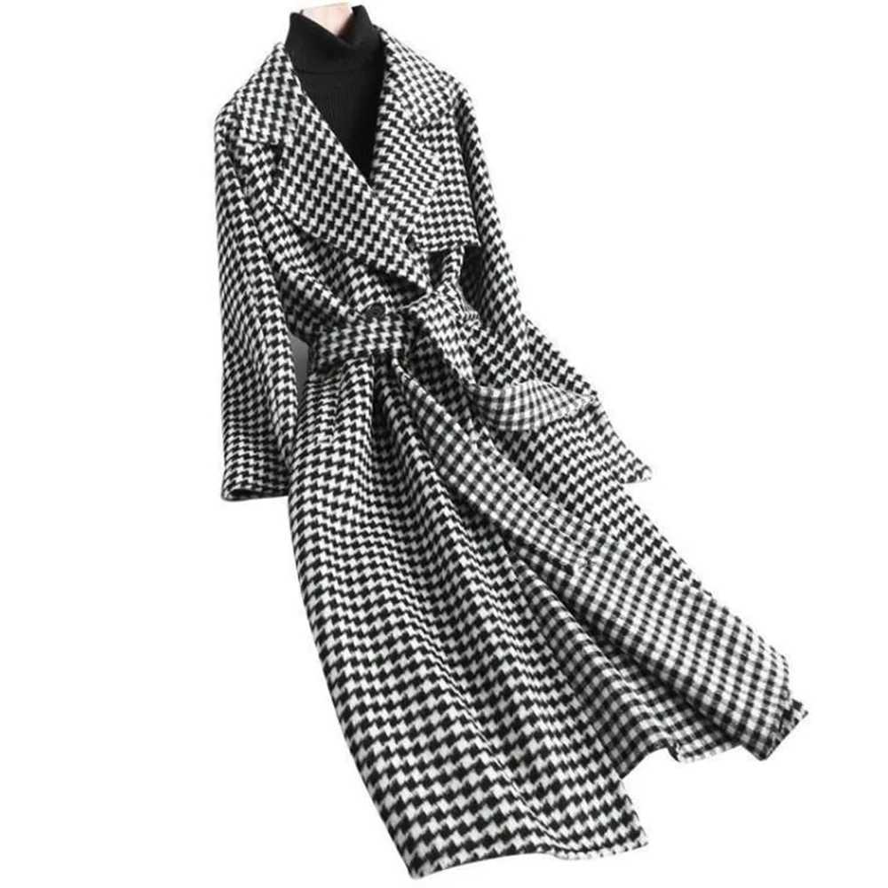 Women Long Plaid Woolen Jackets Houndstooth Waistband Coats Spring Blends Long Outerwear Autumn Belt Overcoat Wool S-2xlX241009