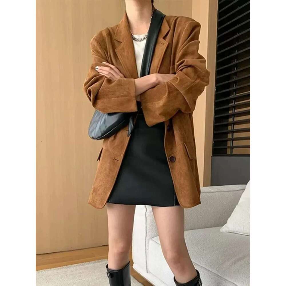 Vintage Solid Women 2024 Fashion Casual Autumn Turn-Down Collar Coats Long Sleeve Single Breasted Female Jacket Loose Lady Coat