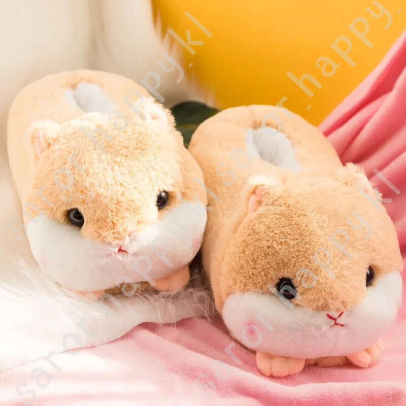Cute Cartoon Hamster Design House Women Fur Slippers Gray Pink Brown Winter Warm Ladies Plush Shoes Onesize Fluffy Girls Slides 850
