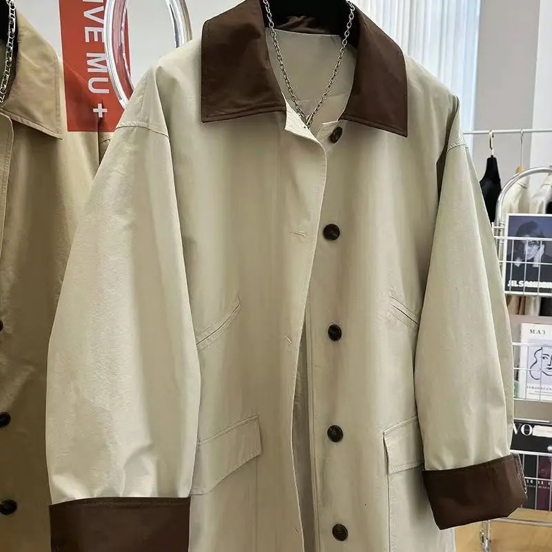 Highend Chic Contrasting Color Lapel Midlength Casual Windbreaker Spring Autumn Thin Korean High Street Workwear Jacket 241018