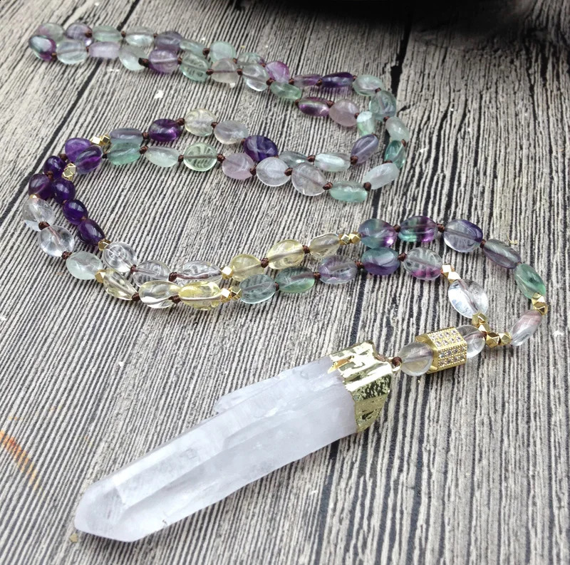 YA2830 Natural Quartz Pendant Fluorite Quartz Irregular Diamond Bead Knot Handmade Necklace 241018