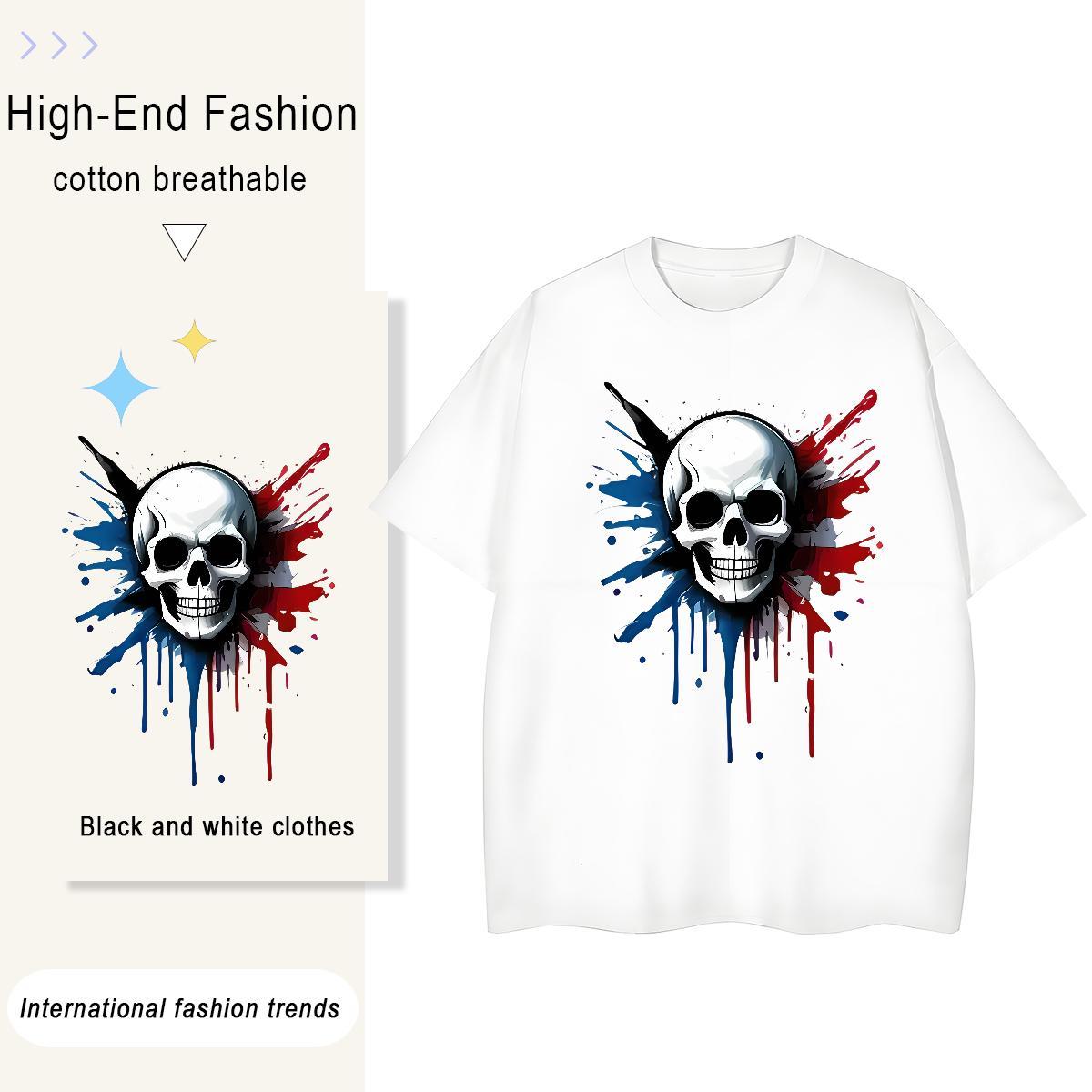 TOP Quality Women T Shirts 100% Cotton 230g Short sleeve Soft Sports Street Wear skull Unisex Tshirts Nice Cartoon Floral Printing Tees