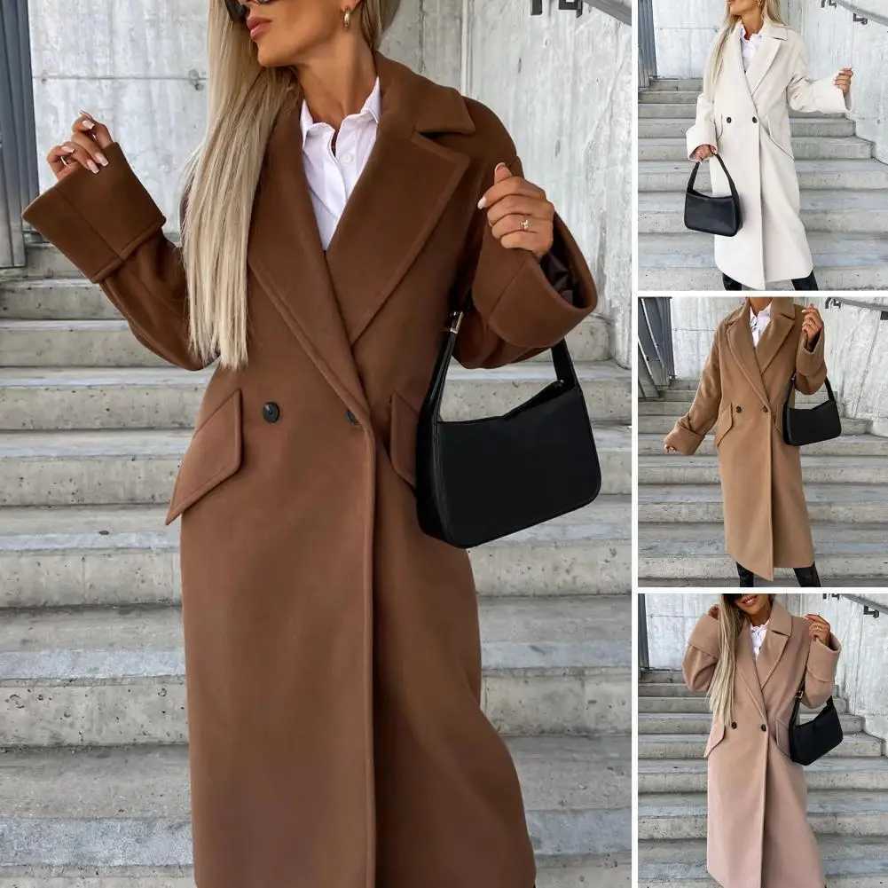 Fall Winter Woman Overcoat Solid Color Double-breasted Straight Woolen Coat Long Sleeve Thick Mid Length Lapel OL Commute CoatX241009