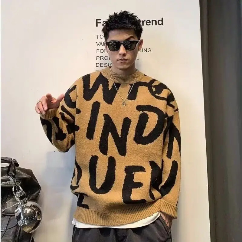 Pullover Man Letter Green Knitted Sweaters for Men Crewneck Loose Knitwear Round Collar Clothing Deals Fit Woven Top 241018