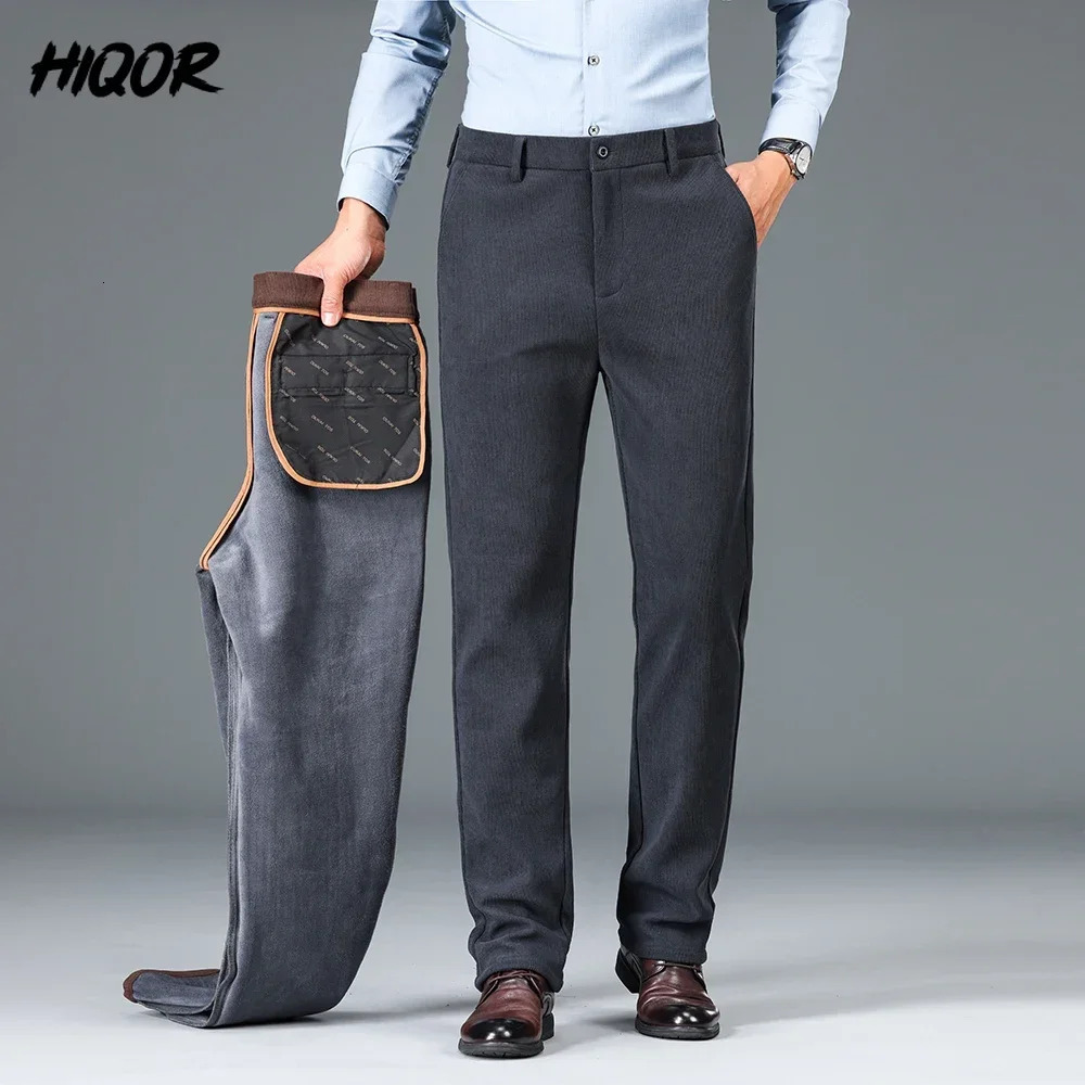 HIQOR Mens Casual Suit Pants Winter Thick Warm Gray Fleece Trousers for Men Business Straight Office Work Man 241018