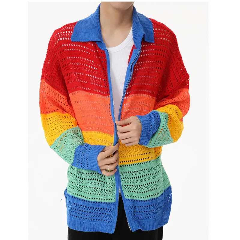 Autumn Product Korean Retro Color Contrast Hollow Rainbow Zipper Knitted Sweater Loose Long Sleeve Coat M4BF1591 241018