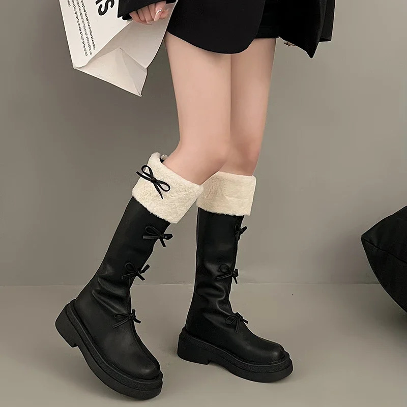 Sweet Butterfly Knot Womans Boots Korean Fashion Brown High Boots Plush Thick Winter Womens Knee High Boots241018