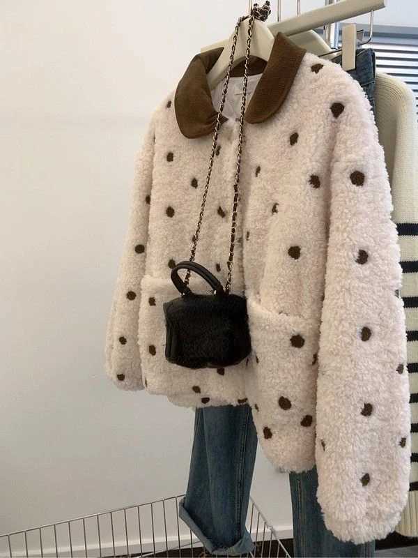 Women Winter Clothing Loose Warm Thickened Jackets Winter Coat Fashion Color Contrast Splicing Collar Polka Point Lamb Wool CoatX241018