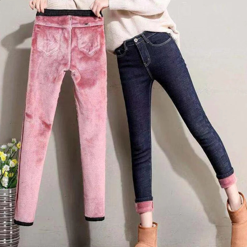 2023 Women Thermal Jeans Winter Snow Warm Plush Stretch Lady Skinny Thicken Fleece Denim Long Pants Retro Pencil Trousers 241007