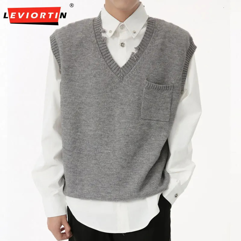 LEVIORTIN Autumn Product Korean Edition College Style Vneck Knitted Vest Sweater Trendy 241018