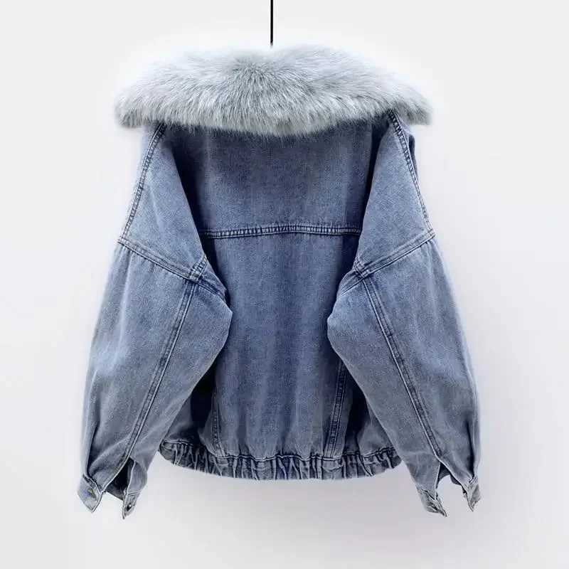 Womens Thickened Warm Lamb Wool Top Denim Jacket Hooded Loose-fit Fleece Lining For winterX241018