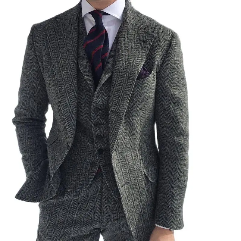 Gray Wool Tweed Men Suits For Wedding Winter Herringbone Formal Groom Tuxedo 3 Piece Male Fashion Costume Blazer Vest With Pants
