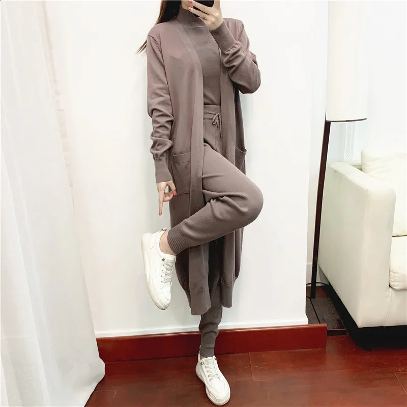 Knitted Pants Sets Women 3 Piece Sets Long Cardigans Autumn Winter Sweater Vest Coffee Fashion Pants Casual Loose Coat 241017