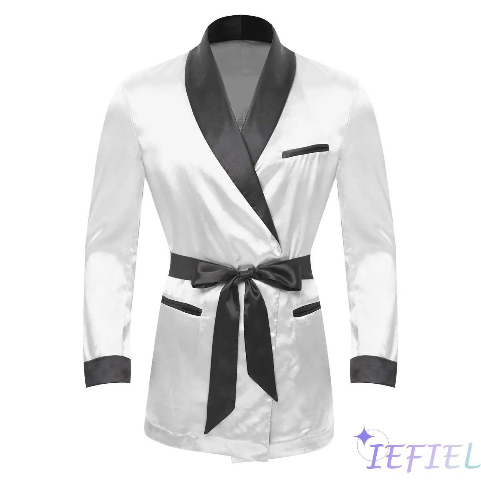 Mens Satiny Smoking Jacket Robe Nightwear Sleepwear V-Neck Short Coats House Kimono Bathrobe with Belt Gym Wear Spa Bathing SuitXJ241018