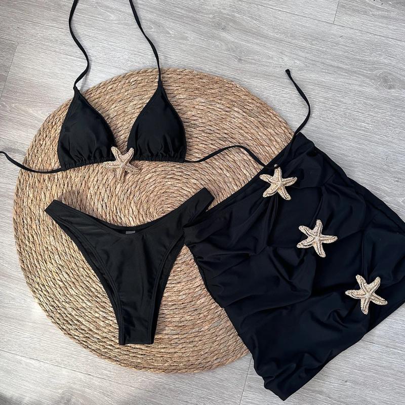 Women's Swimwear Sexy Starfish 3 Pieces Bikinis 2024 Swimsuit For Women Black Brazilian Bikini Set Biquini Female Swimuits Beachwear