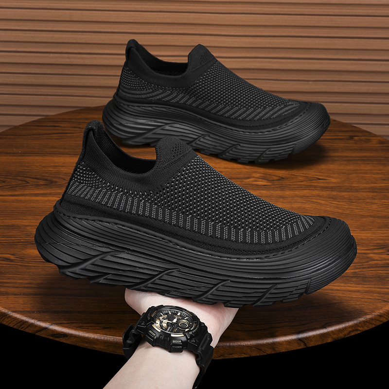 Men's breathable mesh coconut summer trend, one legged lazy fly woven shoes, versatile thick soled running and leisure shoes