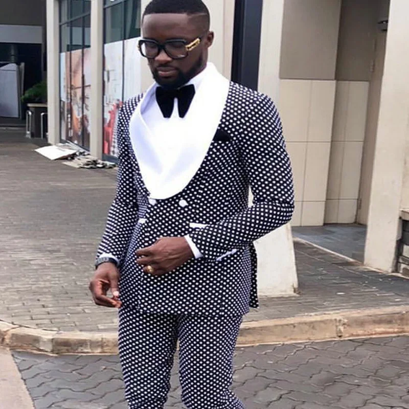 Plaid Dots Suits for Men Slim Fit Wedding Tuxedo with Double Breasted 2 Piece Male Jacket with Pants Fashion Clothes 2025