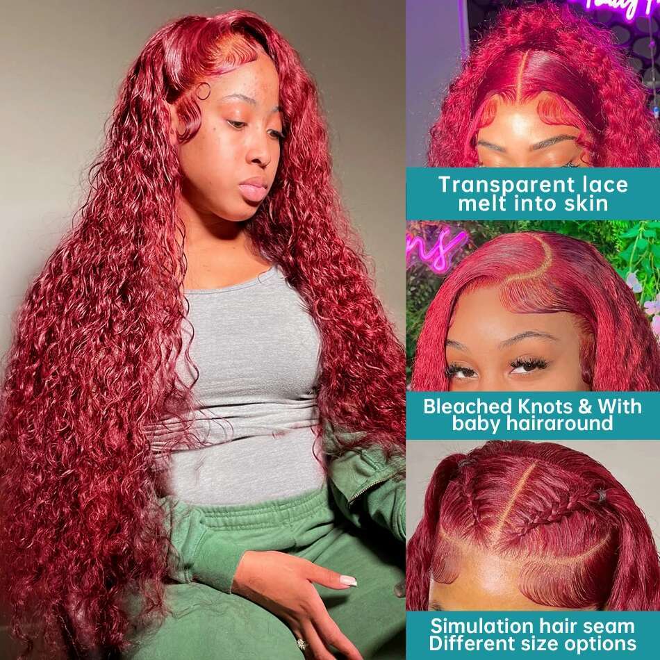 99J Bury 13x6 HD Frontal Wigs Colored Curly Human Hair Red Deep Wave 4x4 Lace Front Closure Wig 30 Inches