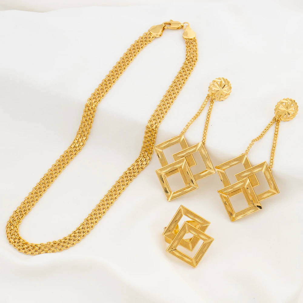 Gold Color Jewelry Sets for Women Bridal Necklace Earrings Adjustable Ring Dubai African Banquet Wedding Ornament Gifts 241018