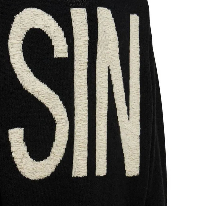 Black Letter Embroider Sweater Men Irregular Tassel Damaged Oversize Loose Pullover for Male 241018