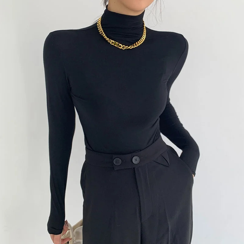 High Collar Modal Autumn Winter Women Base Shirt Casual Solid Long Sleeve Slim Stretch Tshirt Ladies Fashion Tops 241018