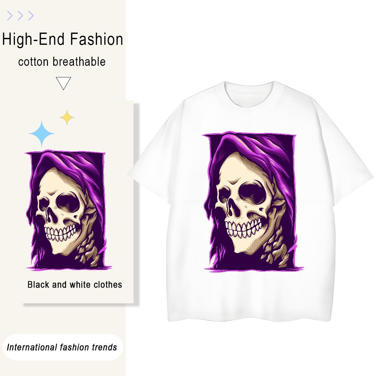 2024 Casual T Shirt For Woman 230g Cotton Crew Neck Home Outdoor skull Unisex Tshirts Lady DIY Anime Printed Tees Shirts