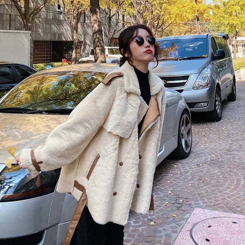 Lamb Woman Wool Jacket 2022 New Winter Fashion Double Breasted Prairie Chic Thick Loose Korean Style Hip Hop Jacket FemaleX241018