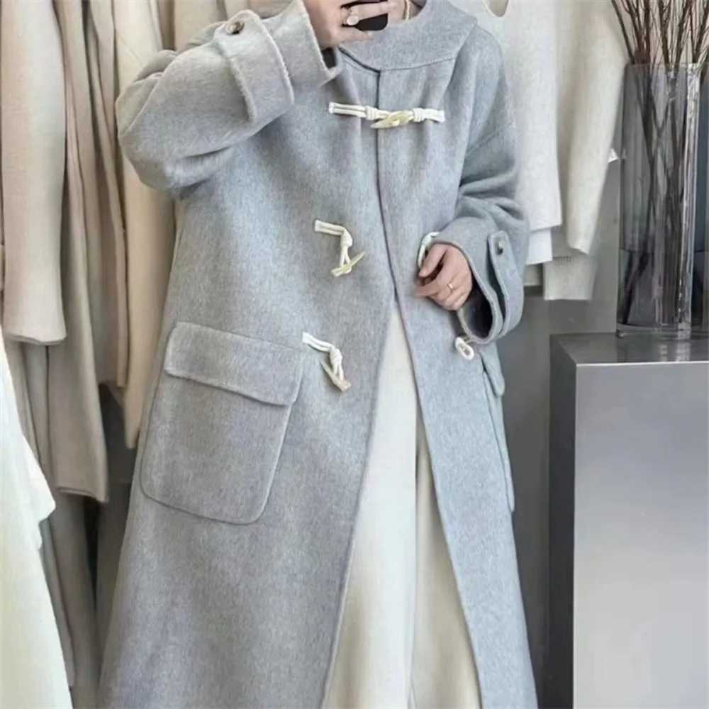 New Loose Horn Button Double-sided Woolen Coat Women Hooded Fashion Long Sleeve Real Woolen Coat Warm Outerwear Autumn WinterX241009