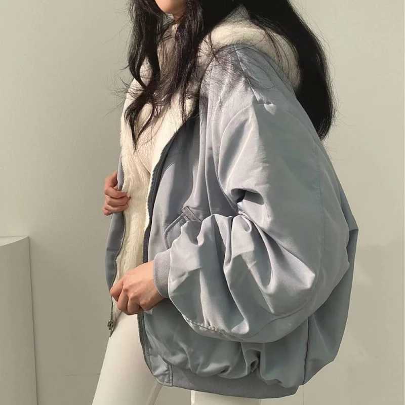 Thickened Two-Sided Wear Lambswool Cotton Jacket South Korea Plus Down WomenS Jacket Winter New Zipper Hooded Cotton Jacket Y2kX2410