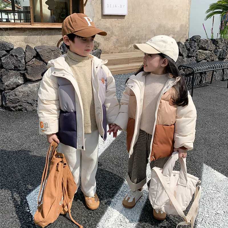 Boys and girls winter jacket new fashion thick patchwork childrens coat big ears hooded childrens cotton padded jacket M241018