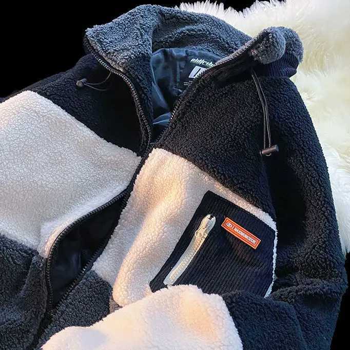 2021 lamb wool stitching striped cardigan sweater womens winter new design sense niche loose cotton jacket chaketas de mujerX241018