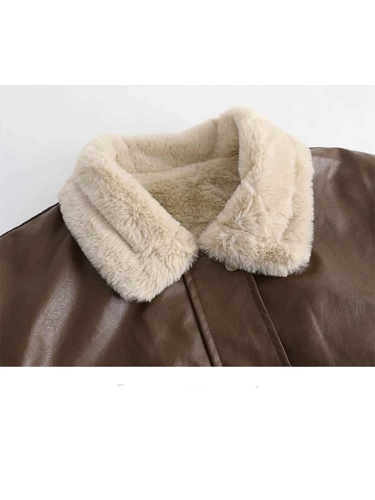 Autumn Winter American Vintage Women Oversize Faux Leather Jacket Padded Old Money Outwear Thick Lambs Wool Classical Warm Y2kX241018