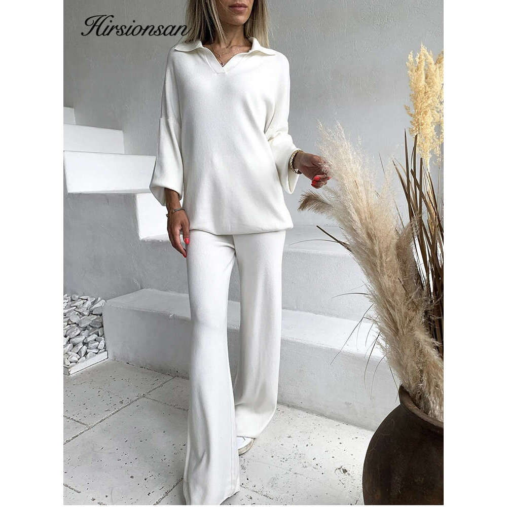 Hirsionsan Cashmere Turn Down Neck Knitted Sets Women 2023 Winter Casual Two Pieces Sweater And Pants Loose Outfits Tracuit
