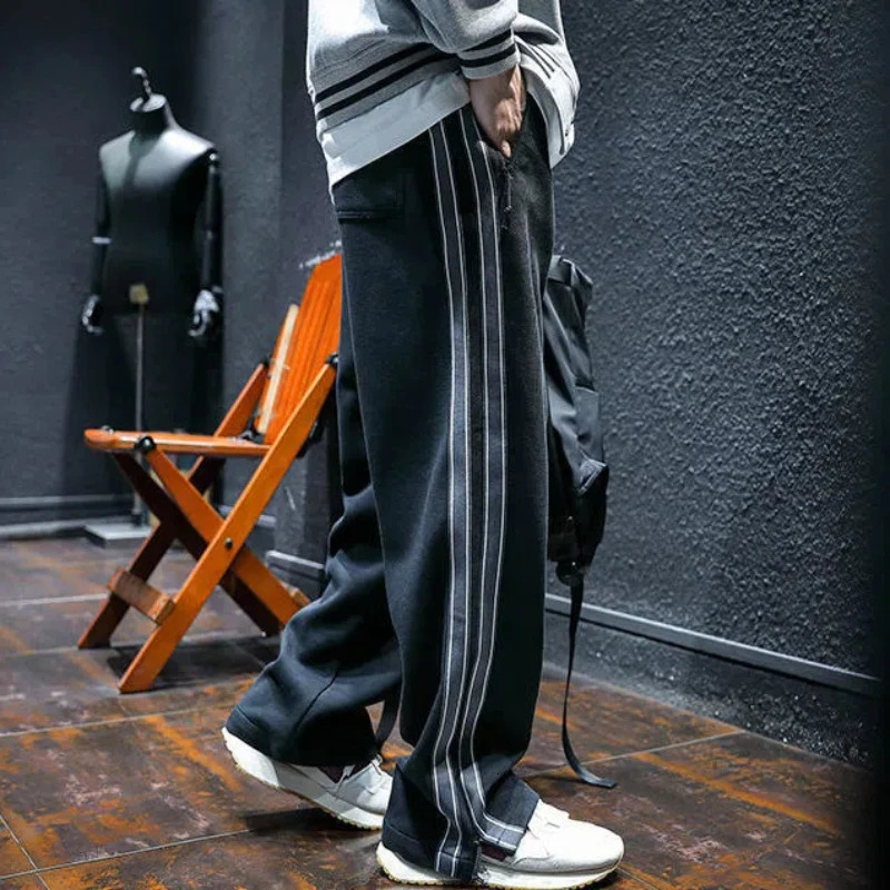 Korean Fashion Autumn Winter Sweatpants Men Elastic High Waist Pockets Striped Contrast Color Zipper Casual Straight Motion Pant 241018