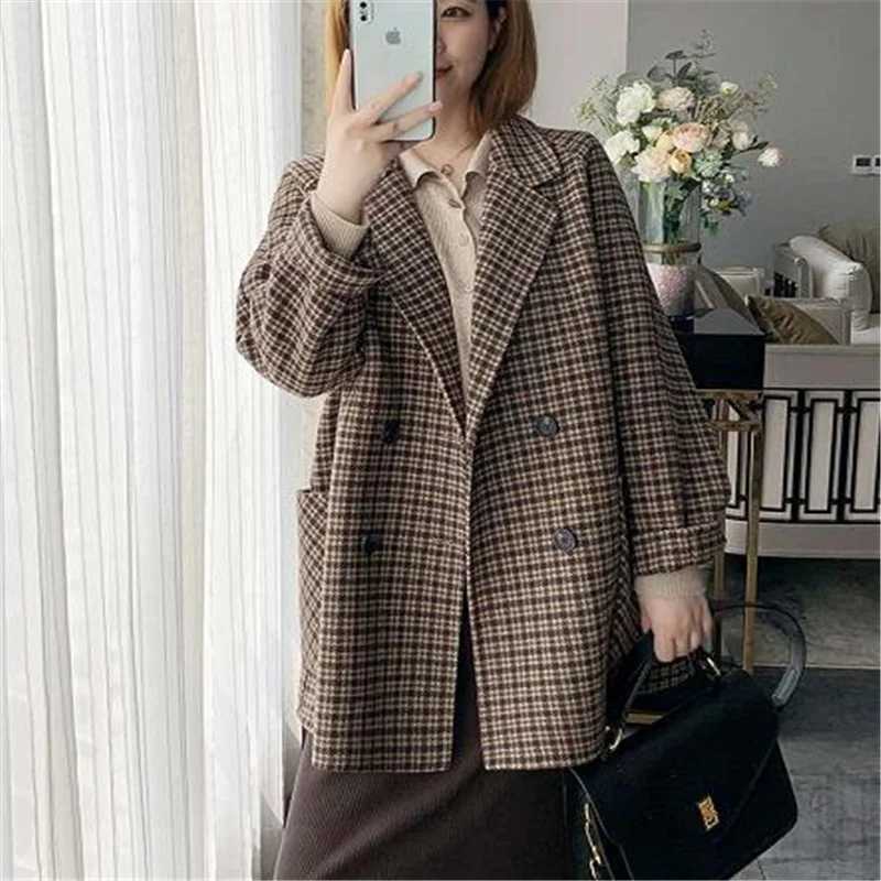 Woolen Suit Jacket Womens Outwear Retro Mid-length Plaid Coats Autumn Women Trench Coats Thin Overcoats OL Casual Female CoatX241009