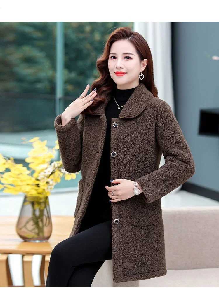 Middle-aged Mothers Faux Lamb Wool Coat Autumn Winter Loose Long-sleeve Outerwear Solid Female Jacket Parkas Casual Tops A309X241018