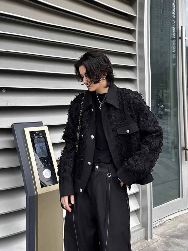 Fashion Mens n Tassels Black Jacket Single Breasted Loose Fit Casual Outerwear Long Sleeve TurnDown Collar Short Coat Male 241018