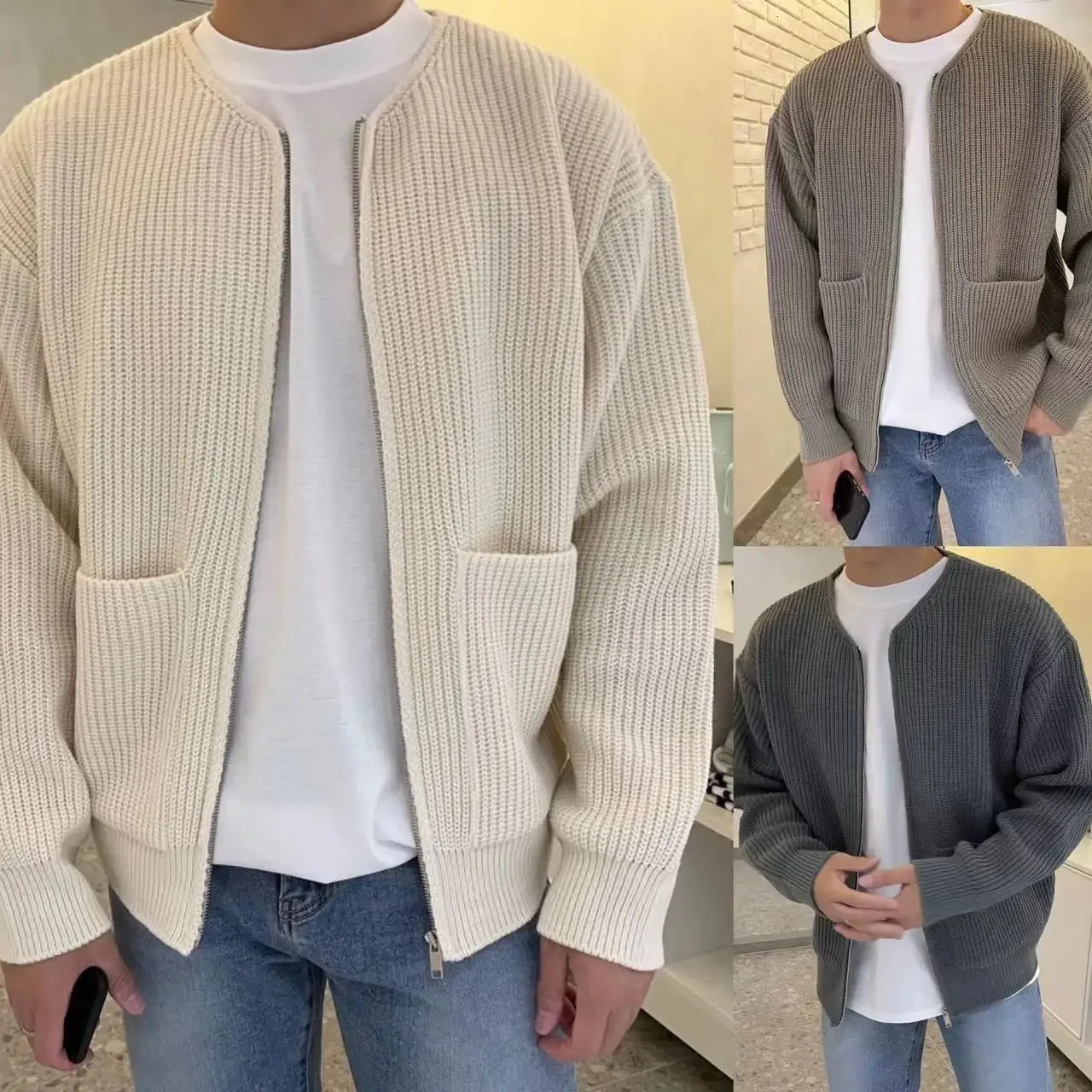 Fashionable Knitted Cardigan Sweater For Men Spring Autumn Style Korean Version Casual Fit Unique Zipper Jacket Trendy 241018