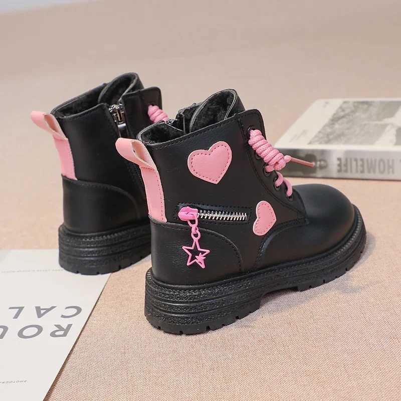 Boots Black/Girls Leather Boots Velvet Non Slip Low Cut Side Zipper Winter Outdoor Girls Fashion Single Boots H241018