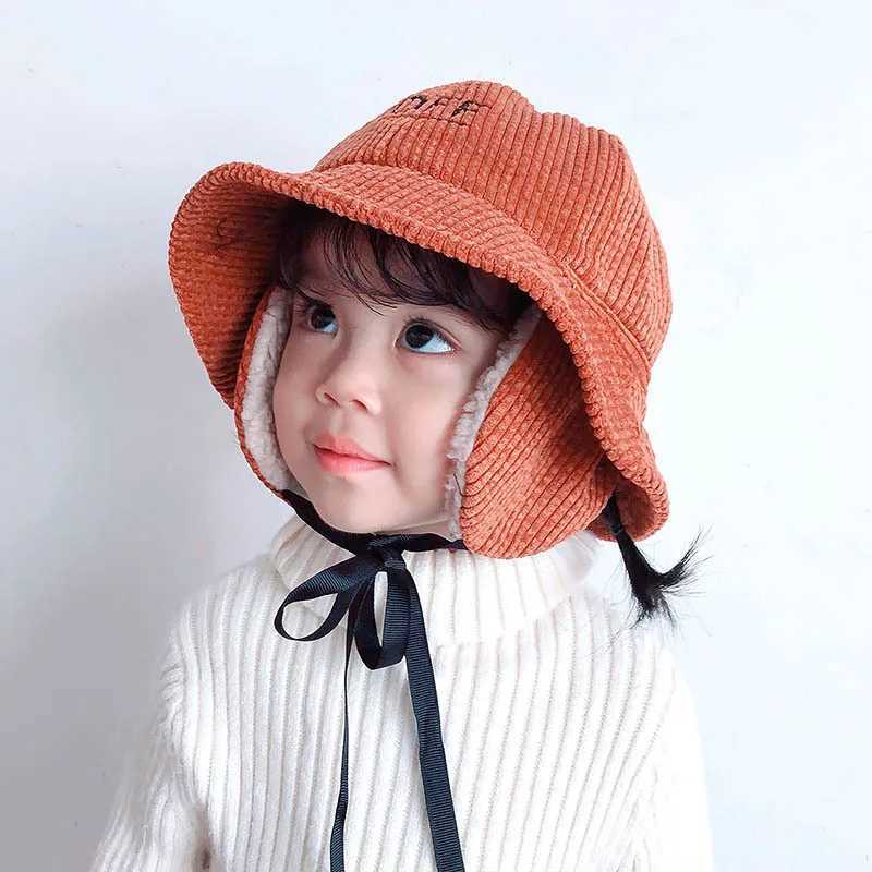 Winter Corduroy Baby Bucket Hat Thicken Plush Ear Protection Fisherman Cap for Toddler Korean Letter Kids Earmuff Hats LX241018