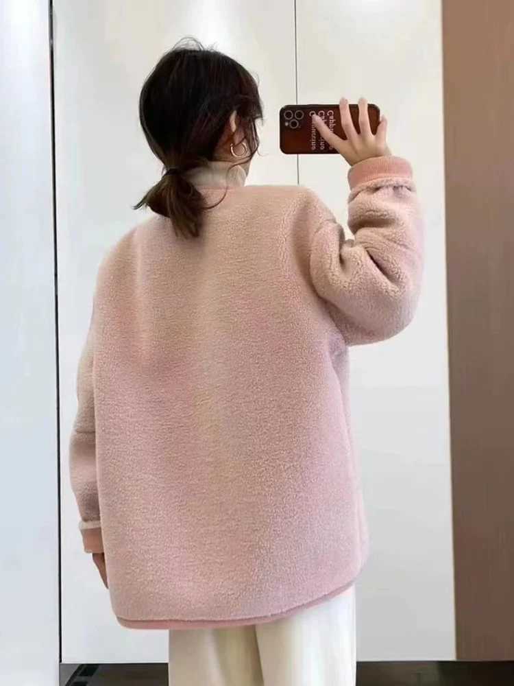 Woman Clothing Autumn Winter New V Neck Plush Jacket Korean Fashion Lamb Wool Womens Coat Taro Purple Solid Warm JacketsX241018