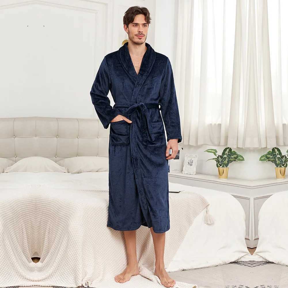 Mens Flannel Kimono Robe Nightwear Female Winter Warm Homewear Bathrobe Gown Shower Solid Sleepwear With Pocket LoungewearXJ241018