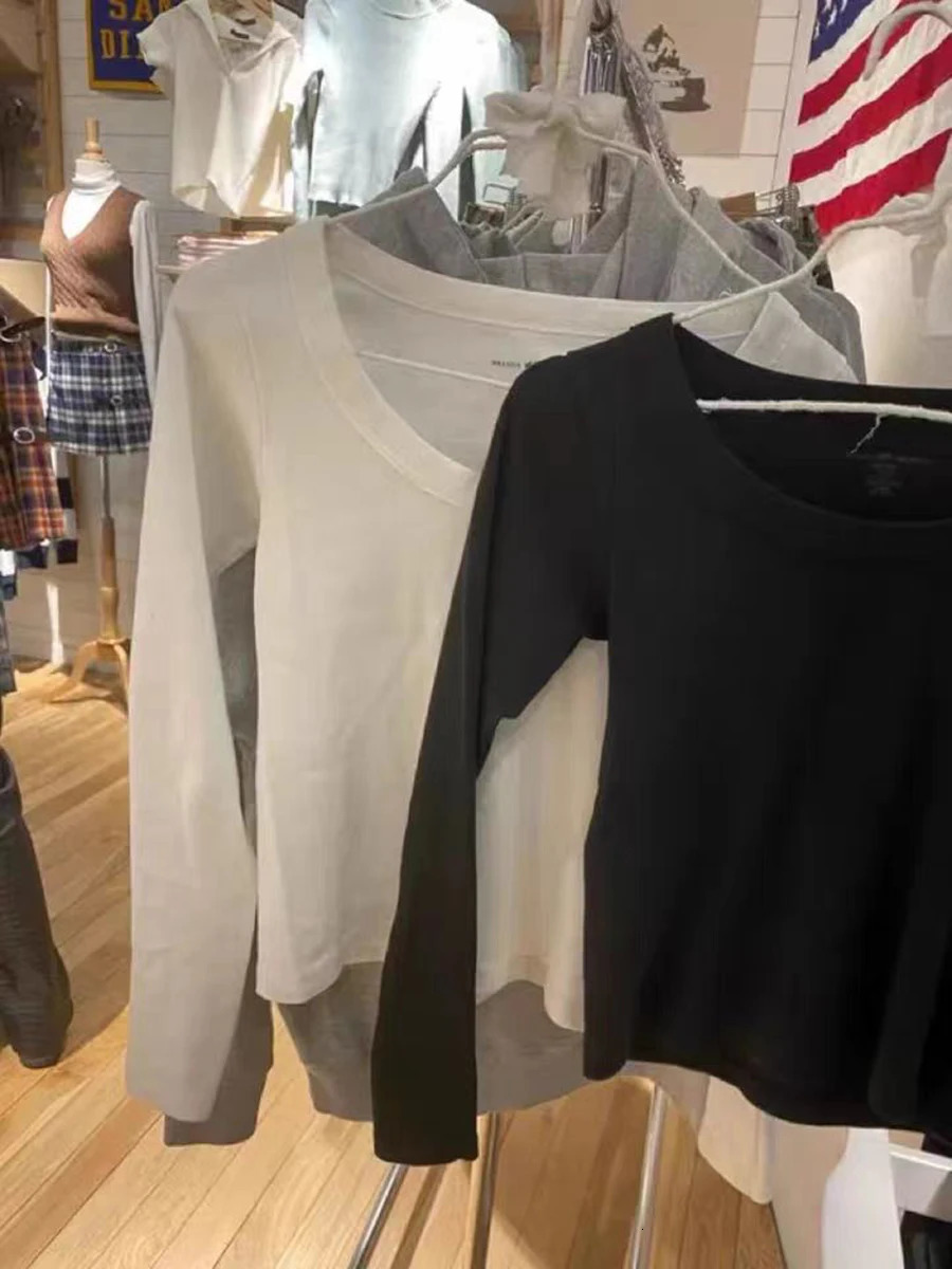 Women Solid Long Sleeve TShirt O Neck Basic Casual Slim Tee Shirt Spring Fashion Cotton Y2k White Simple Cute Tops Chic 241018