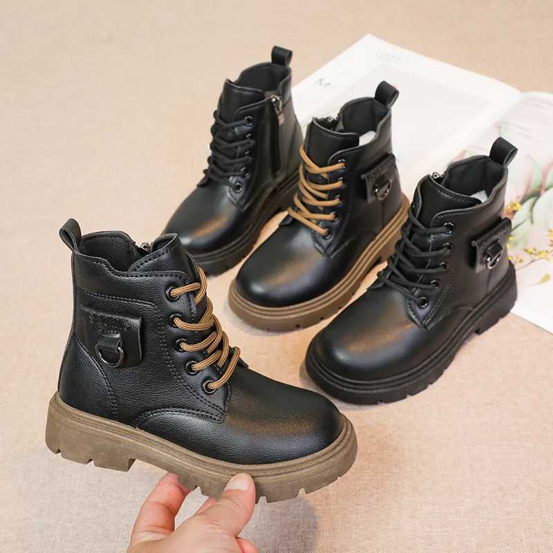 Boots Girls Ankle Boots Kids Fashion Boot Side Zipper with Metal Buckle Fashion Classic Children Rubber Boots Black 2024 Autumn Winter H241018