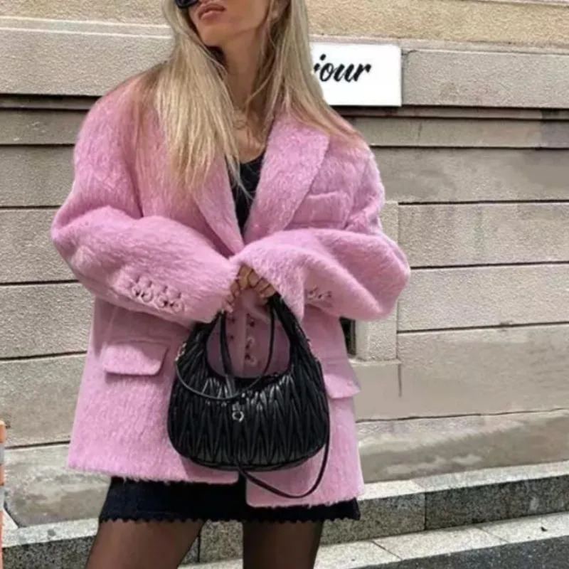 Autumn Elegant Single Breasted Lapel Plush Womens Coat Temperament Commuting Female Pocket Fashion Casual Loose Jacket 241018