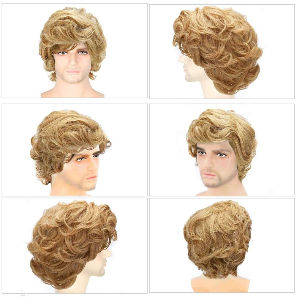 Men's Set With Golden Curls, Men's Short Curly Hair Full Head Wig